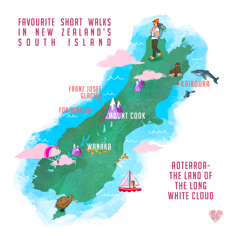 New Zealand Illustrated Map of South Island short walks by Sarah Cochrane